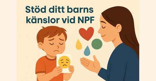 Barn visar känslokort för vuxen i illustrerad miljö, symboliserar känslouttryck vid NPF.