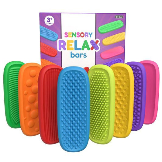 Åtta färgglada sensoriska relax bars framför förpackning med texten “Sensory Relax Bars”.