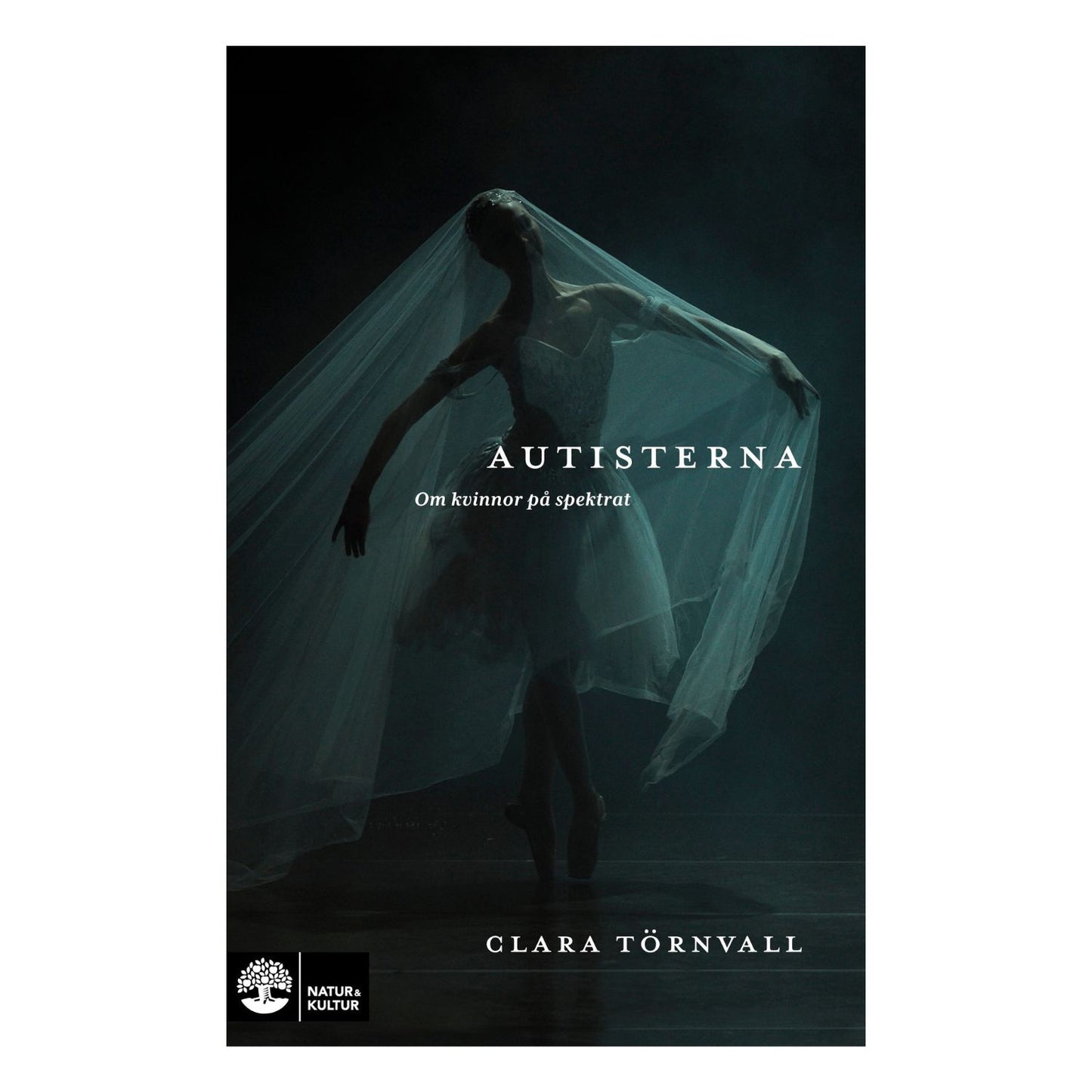Bokomslag "Autisterna: Om kvinnor på spektrat" av Clara Törnvall, balettdansös i slöja mot mörk bakgrund, Natur & Kultur.
