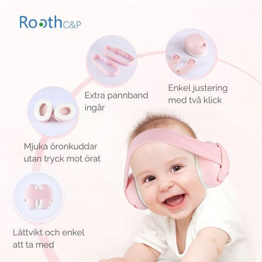 Rosa babyhörselskydd med illustrationer av funktioner och tillbehör.