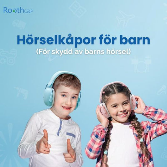 Två barn som bär rosa och ljusblå hörselkåpor för att skydda hörseln i bullriga miljöer.