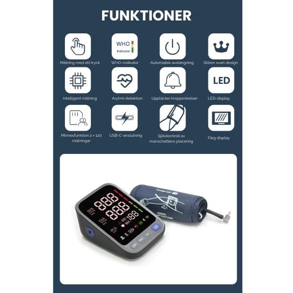 Blodtrycksmätare för överarm med ikoner som visar funktioner som minne, WHO-indikator och USB-C.