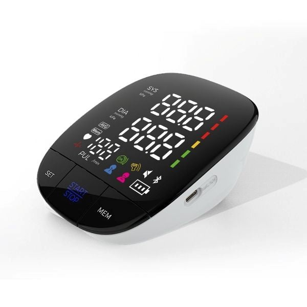 Blodtrycksmätare för överarm med tydlig LED-display i svart design.
