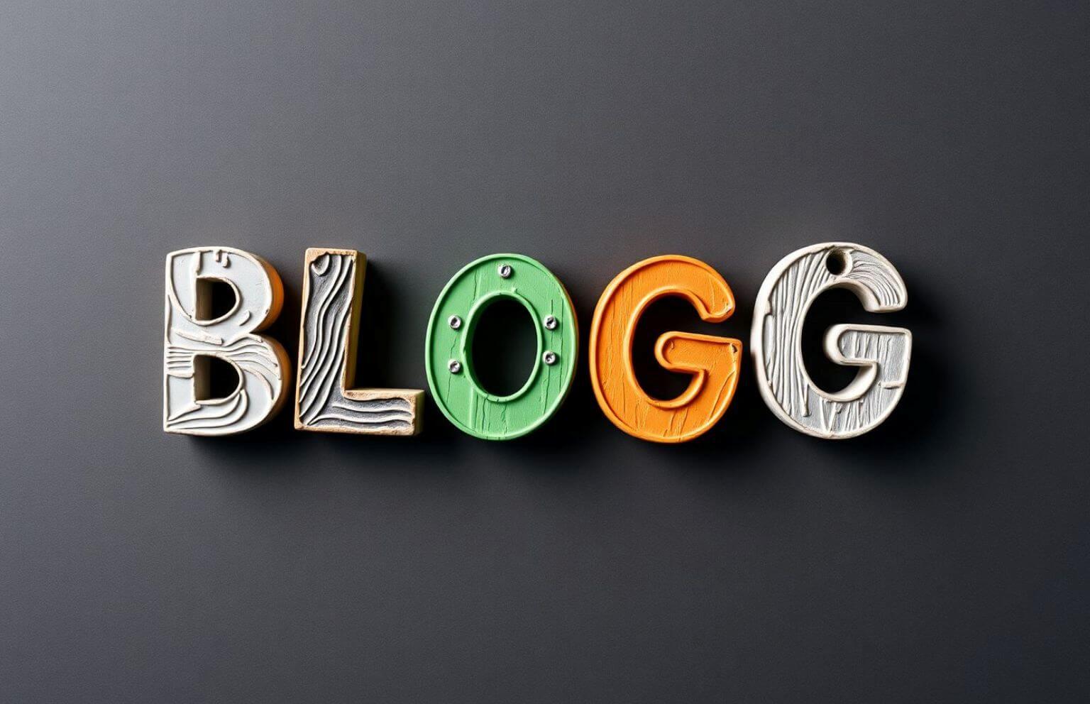 Färgglada bokstäver som stavar ordet 'Blogg' med trästruktur i bakgrunden, representerar kunskap och inspiration om ADHD, autism och NPF.