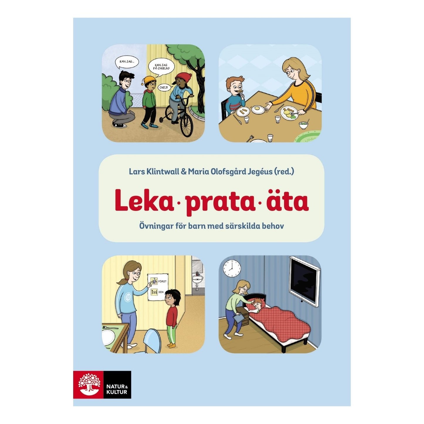 Bokomslag med titeln "Leka, prata, äta" och illustrationer av barn i olika vardagssituationer