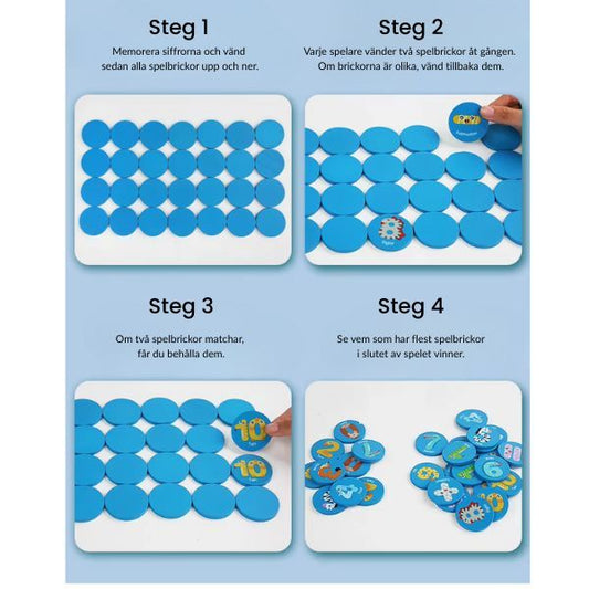 Instruktionsbild för memoryspel i trä med siffror och djurmotiv.