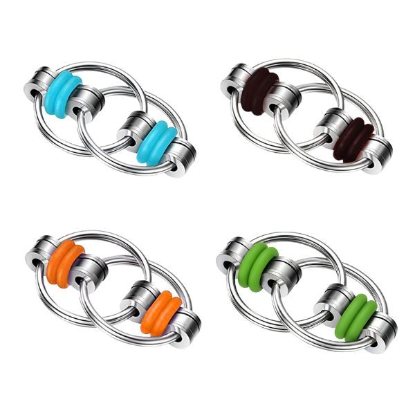 Fyra Fidget Flippy Chains i olika färger – blå, grön, orange och svart.