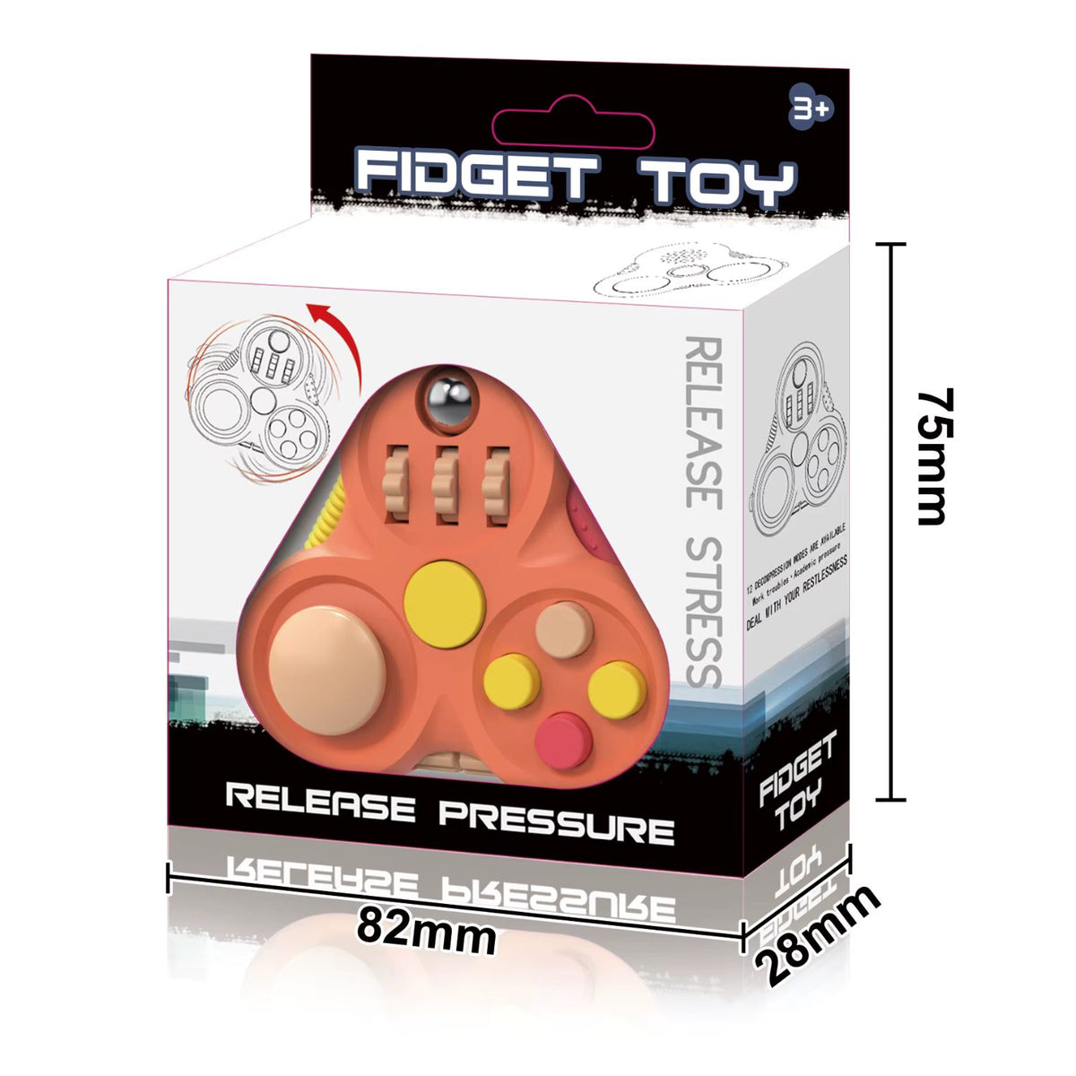 Orange sensorisk Gamepad fidgetleksak med knappar, rullar och metallkula i förpackning.