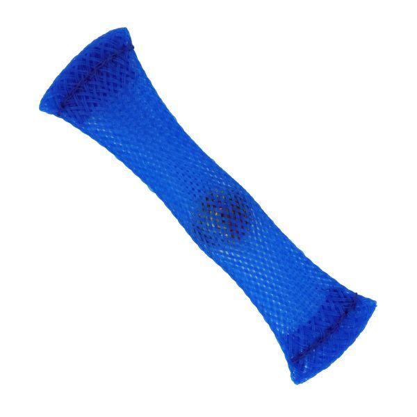 Blå fidget-tub med insydd glaskula, tyst hjälpmedel för rastlösa fingrar.