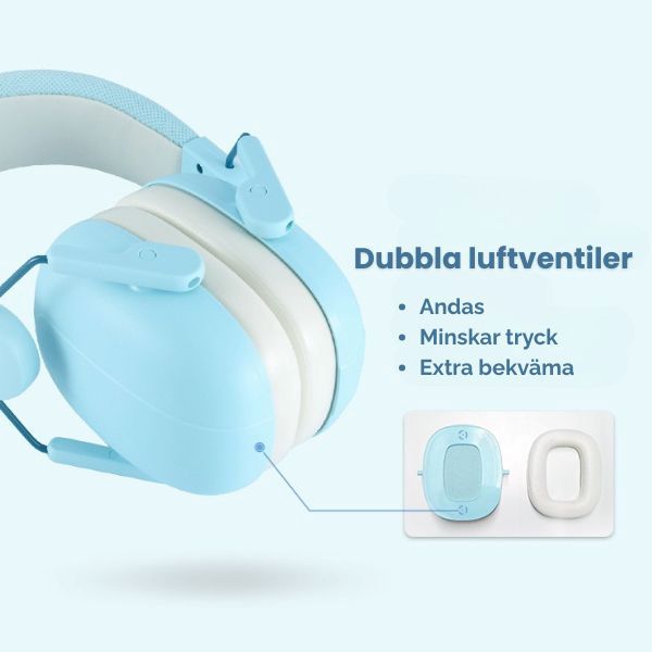 Illustration av dubbla luftventiler på hörselkåpor för bättre andning, minskat tryck och högre komfort.
