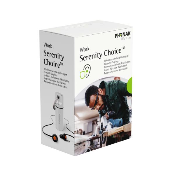 Förpackning av Serenity Choice Work – hörselskydd för arbetsmiljö med stilren design.