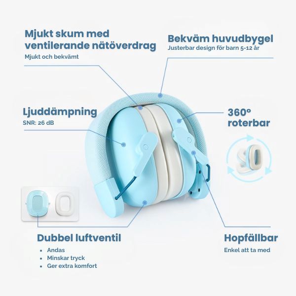 Illustration av ljusblå hörselkåpor med mjukt skum, ventilerande nätöverdrag och 26 dB ljuddämpning.
