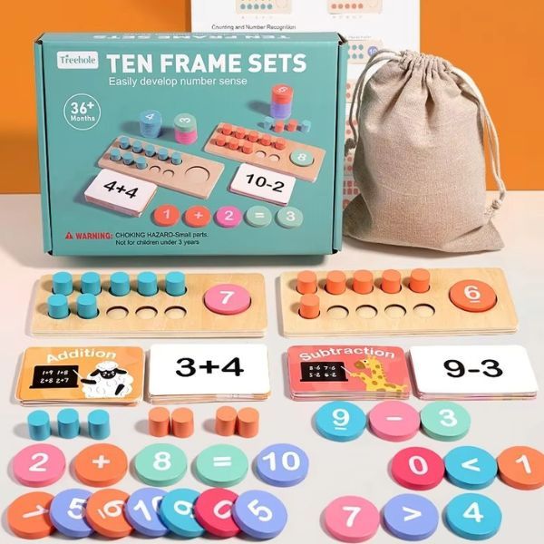 Matematikspel i trä med plattor, sifferbrickor, kort och tygpåse – komplett set för inlärning