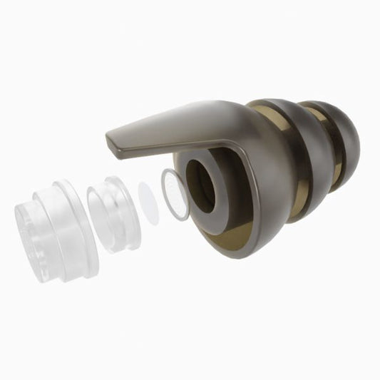 Transparent hörselskydd M42 med synlig uppbyggnad och ljudfilter i genomskärning