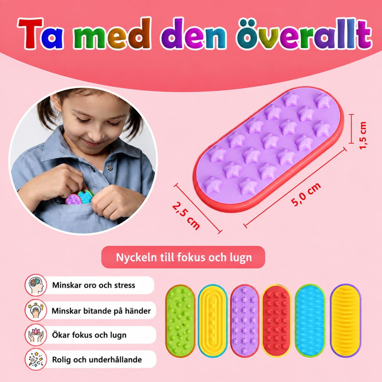 Lila fidgetplatta med stjärnstruktur och mått angivna, samt alla sex strukturer i en rad.