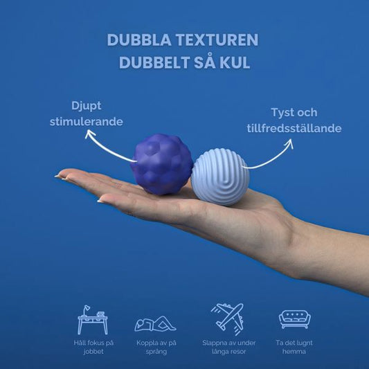 Hand håller blåa strukturerade bollar – illustration av dubbla texturer för taktil stimulans.