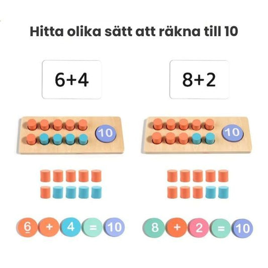 Exempel från spelet: räkneövning med 6 + 4 och 8 + 2 – visualiserat med träcylindrar