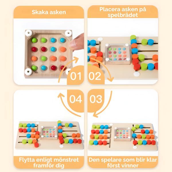 Illustration i fyra steg som visar hur man spelar Färgkampen, från att skaka färgasken till att vinna spelet.