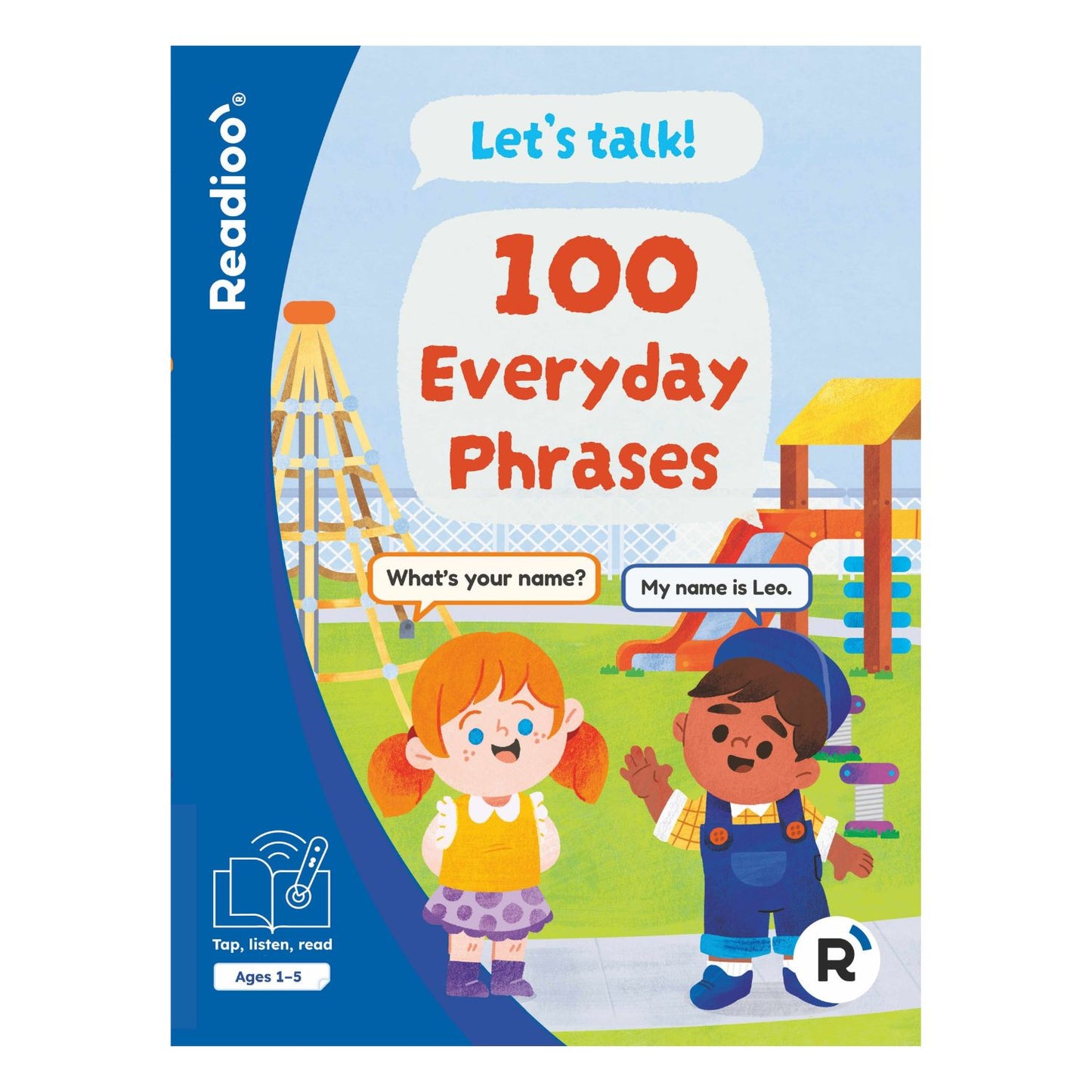 Bokomslag till Readioo Let’s Talk! 100 Everyday Phrases, interaktiv engelsk barnbok med vardagsfraser och språkstöd.