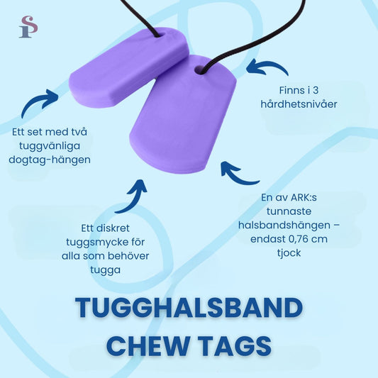 Illustration av sensoriskt tugghalsband Chew Tags – tuggvänligt halsband vid NPF