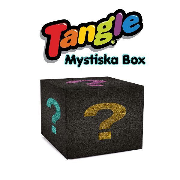 Svart box med färgglada frågetecken och texten "Tangle Mystiska Box" ovanför.