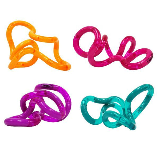 Fyra Tangle Palm Classic-fidgets i uppvikta spiraler, i färgerna rosa, orange, lila och turkos.