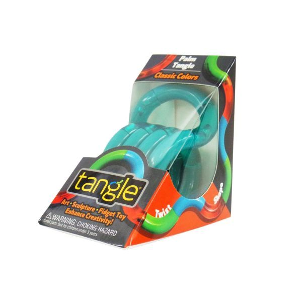 Förpackning med Tangle Palm Classic-fidget i turkos, med varumärkeslogga och produktbeskrivning.