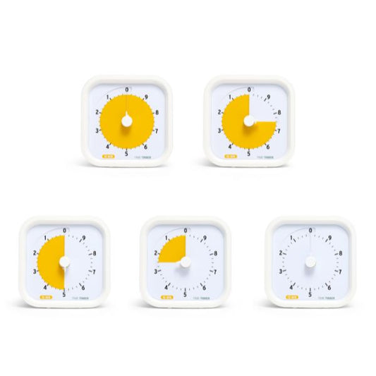 Time Timer MOD 10 minuter med vit ram och gul skiva som visar visuell nedräkning.