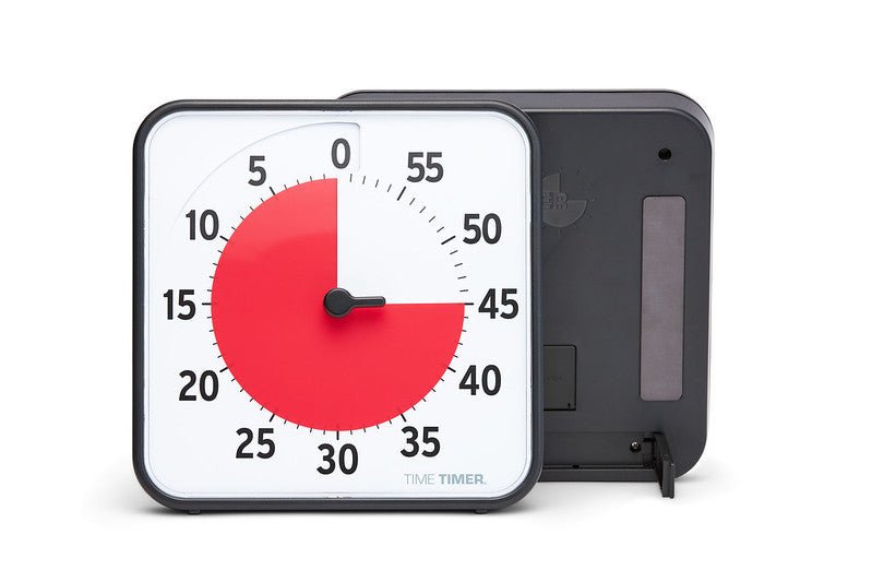 Fram- och baksida av Time Timer Original Medium, med magneter och utfällbara fötter synliga.