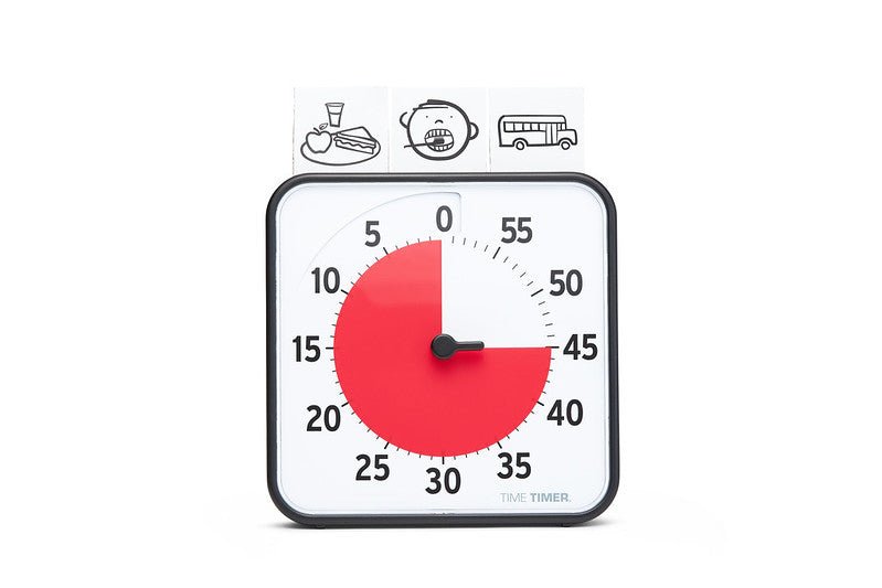 Time Timer Original Medium med en aktivitetskortshållare på toppen, visar visuella tidsuppgifter.