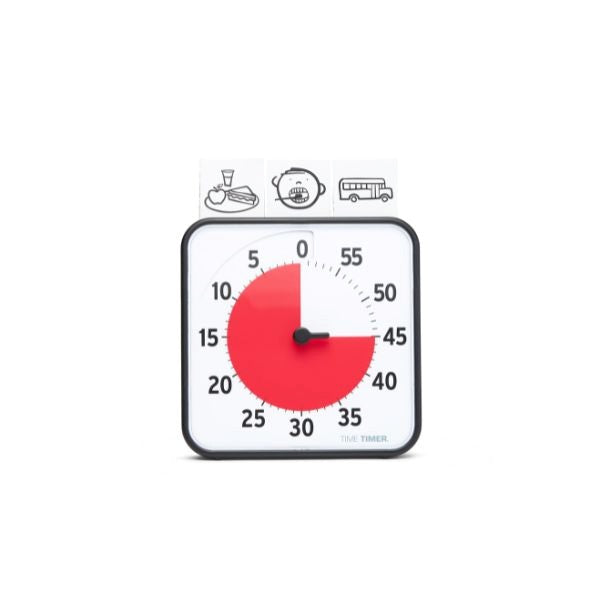 Time Timer med symbolkort ovanpå för visuell schemaläggning.