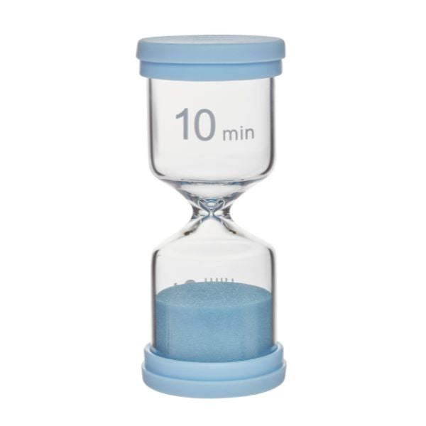Timglas 10 minuter med blått lock och sand, timer för läxläsning, spel och koncentration vid NPF.