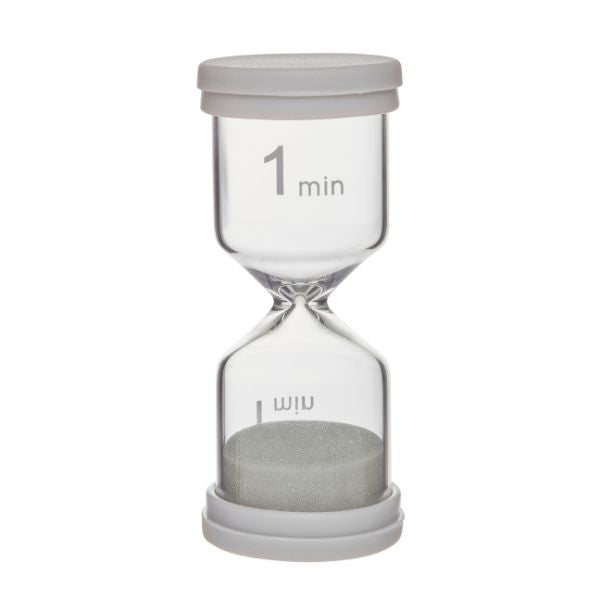 Timglas för 1 minut med grått lock och grå sand.