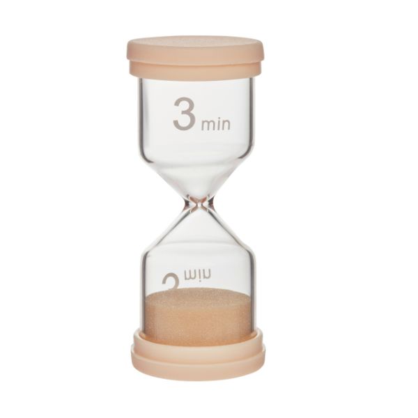 Timglas för 3 minuter med beige lock och sand.