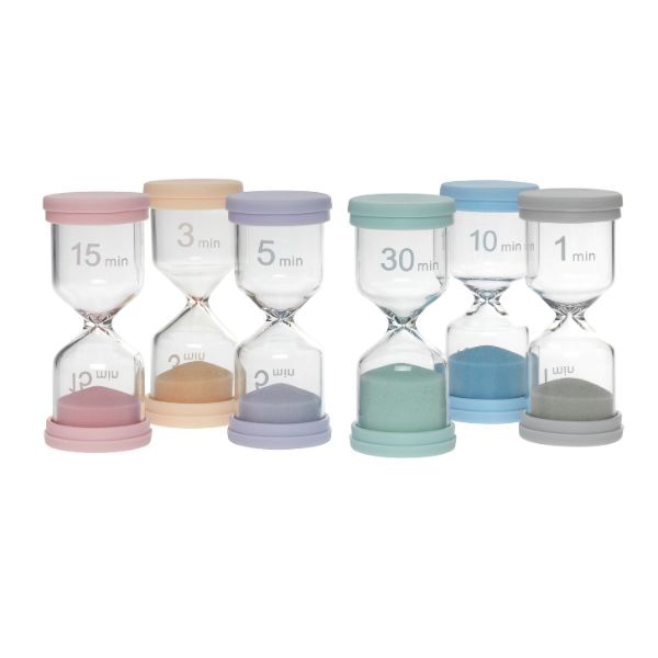 Set med sex färgkodade timglas (1, 3, 5, 10, 15 och 30 minuter) som visuellt hjälpmedel och timer för barn med NPF.