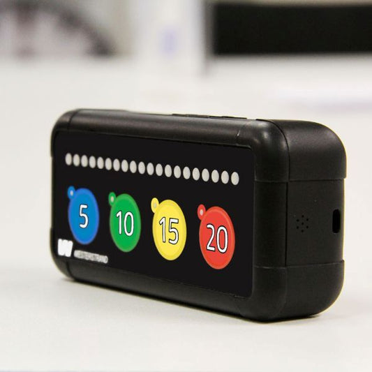 Timstock 20 min i närbild – svart modell med gummerade hörn och lysdioder.