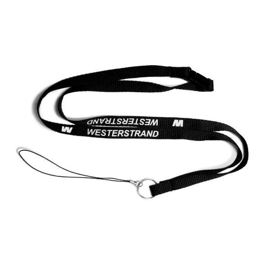 Svart nyckelband med texten Westerstrand – med fäste till Timstock Generation 4.