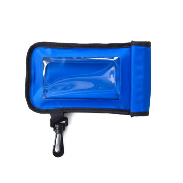 Blå skyddsväska till Timstock med transparent fönster och svart karbinhake.
