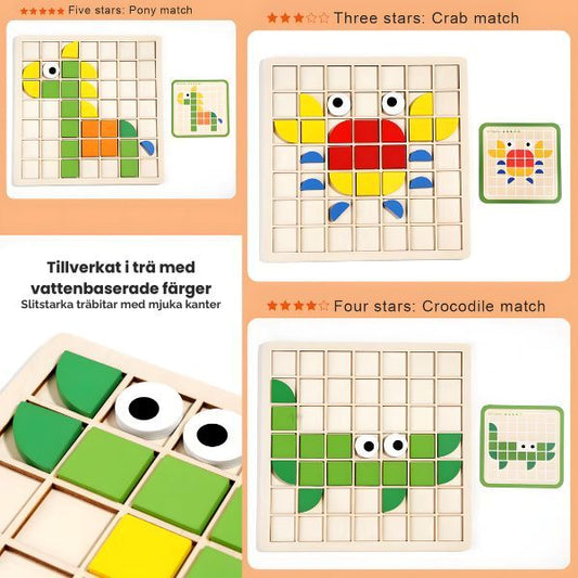 Tre färdiga motiv av djur byggda med pusselbitar, samt texten: 'Tillverkat i trä med vattenbaserade färger. Slitstarka träbitar med mjuka kanter'.