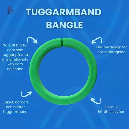 Produktinformation om Tuggarmband Bangle, bärbar lösning för ADHD och autism.