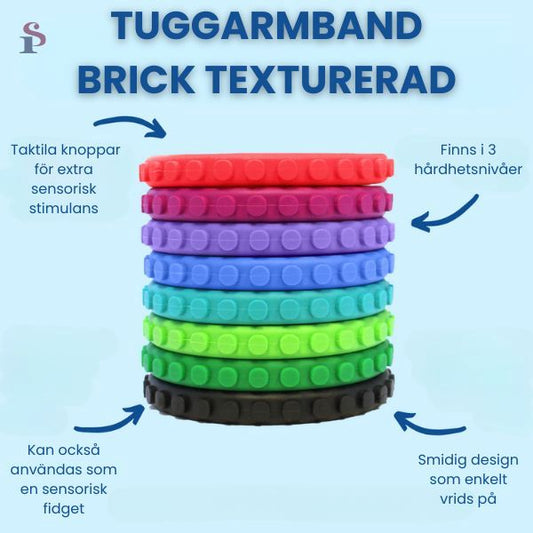 Flera Tuggarmband Brick i olika färger, staplade för att visa textur och storlek.