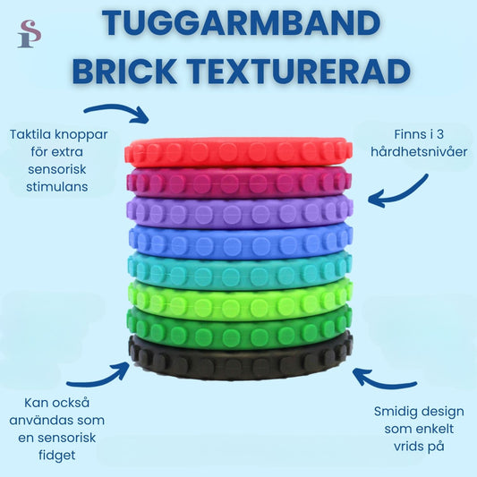 Flera Tuggarmband Brick i olika färger, staplade för att visa textur och storlek.