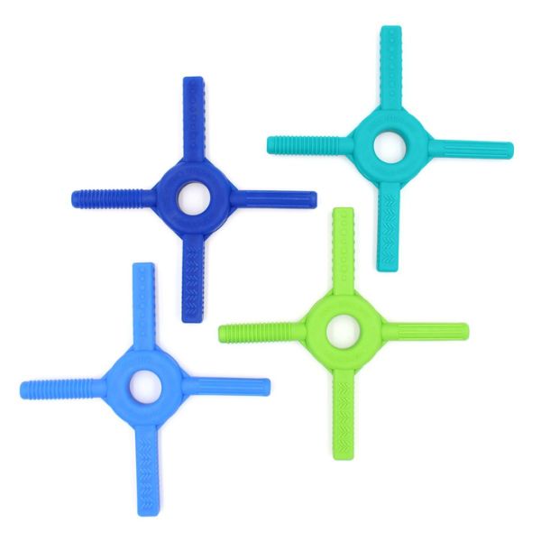 Flera Tetra-Bite Fidgets i olika färger, var och en med unika texturer.