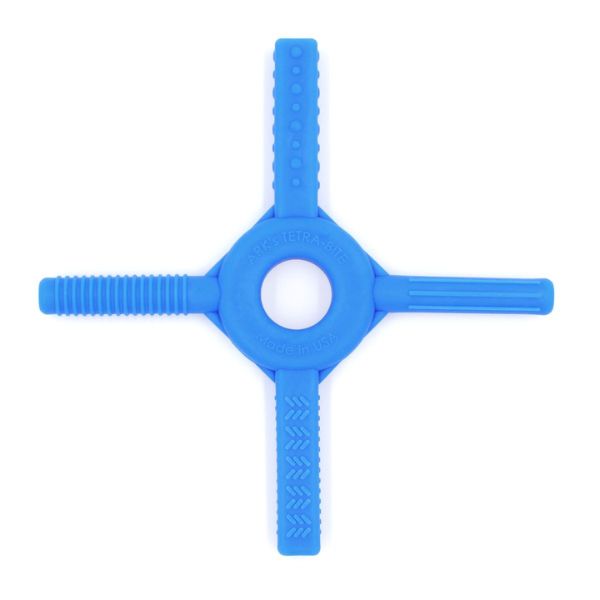 Blå Tetra-Bite Fidget med fyra olika texturer för varierad tuggkänsla.