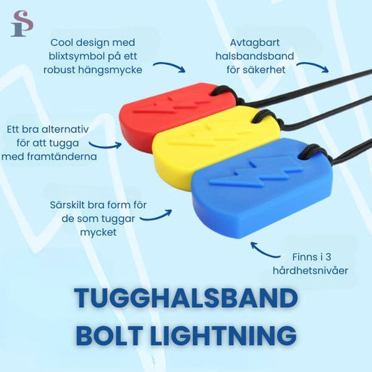 Infografik om Bolt Bite tugghalsband med beskrivning av dess egenskaper och funktioner.