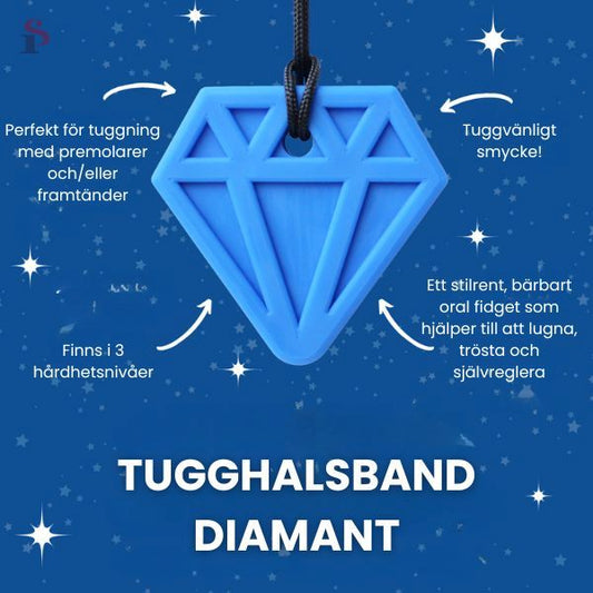 Blått tugghalsband i diamantform med text om produktens egenskaper.