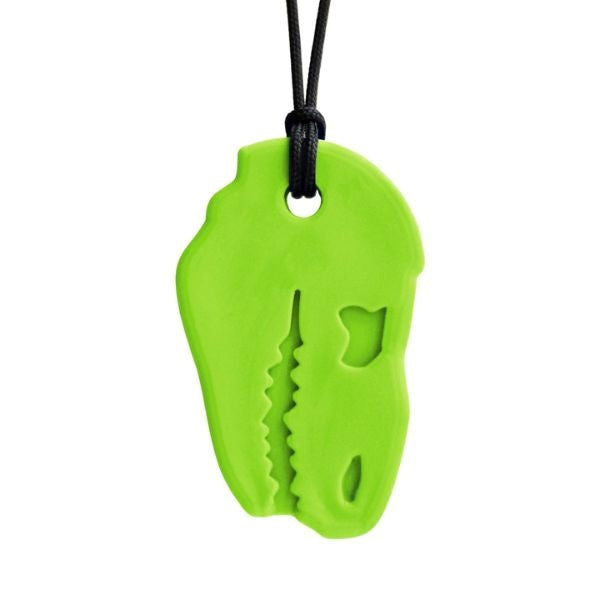 Limegrönt Dino-Bite tugghalsband med svart snöre.