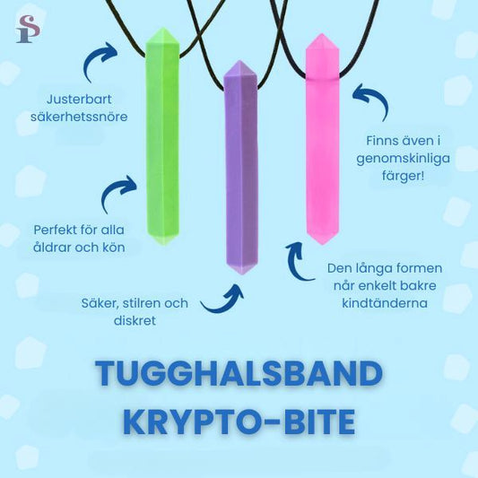 Översikt av tugghalsband Krypto-Bite – säkert och stilrent hjälpmedel för sensoriska behov.