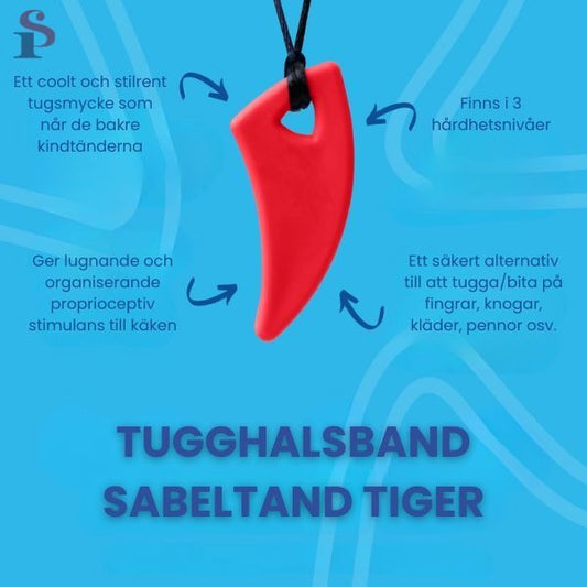 Informationsbild med beskrivning av tugghalsband sabeltand tiger på blå bakgrund.