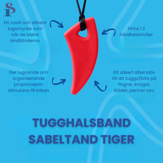 Informationsbild med beskrivning av tugghalsband sabeltand tiger på blå bakgrund.